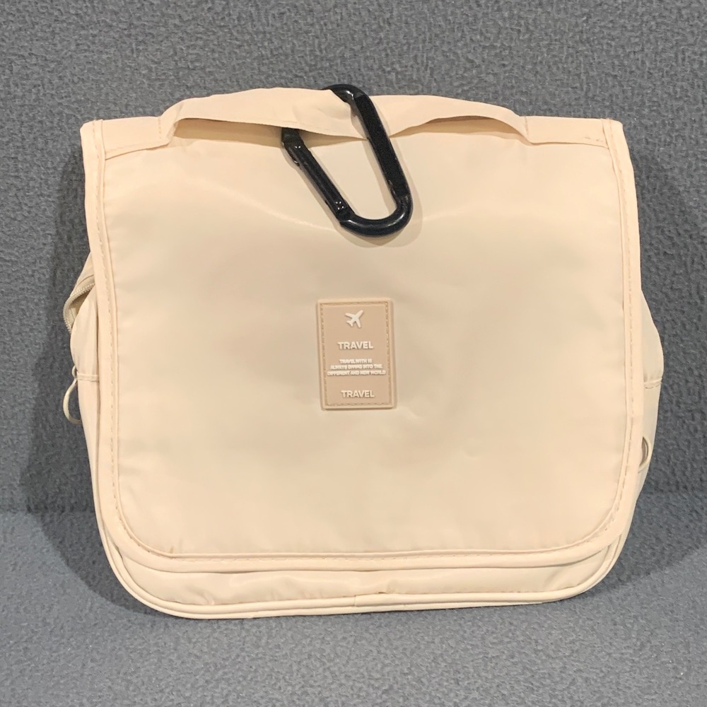 Travel Toiletry Bag Organizer Cream Beige Nylon Makeup Case Carabiner‎
